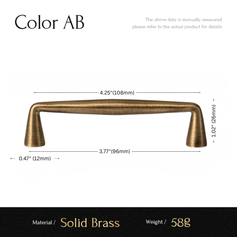 Measurement chart of a solid brass cabinet handle labeled 'Color AB' with dimensions and material details.