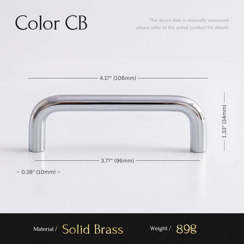 Measurement chart of a solid brass handle with dimensions and material details.