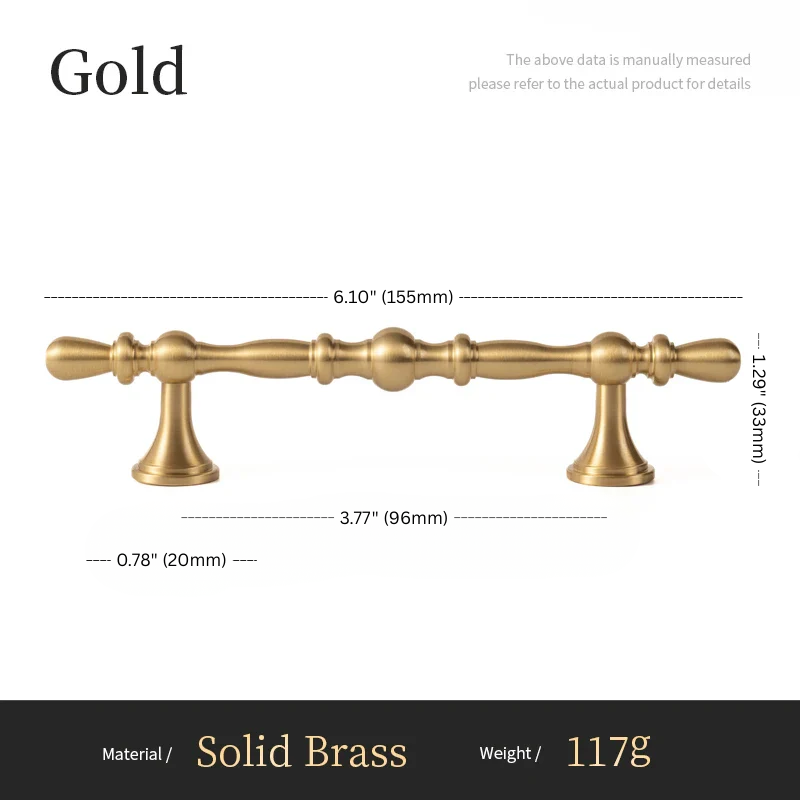 Gold cabinet handle with dimensions and material details on a white background