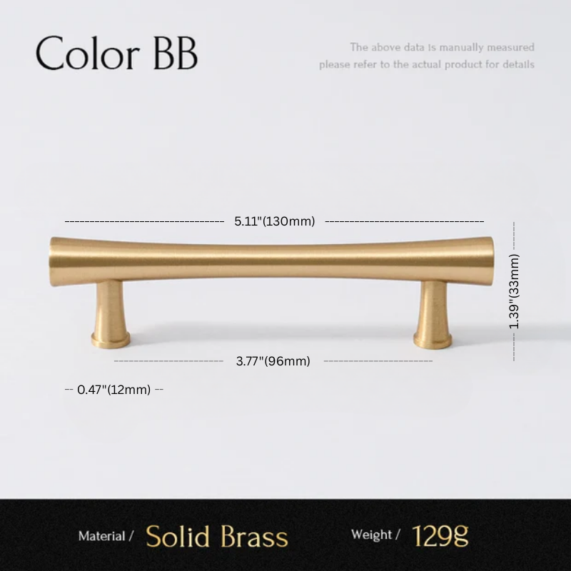 Gold cabinet handle with measurements on a white background