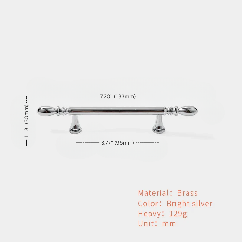 Brass curtain rod with dimensions and material details on a white background