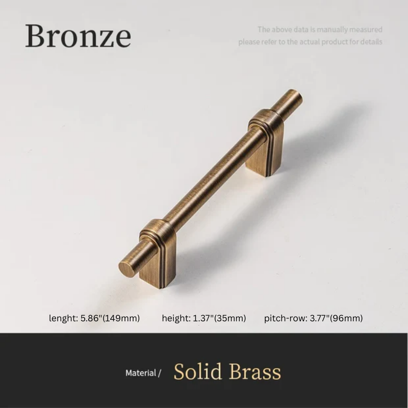 Bronze cabinet handle with dimensions on a light gray background