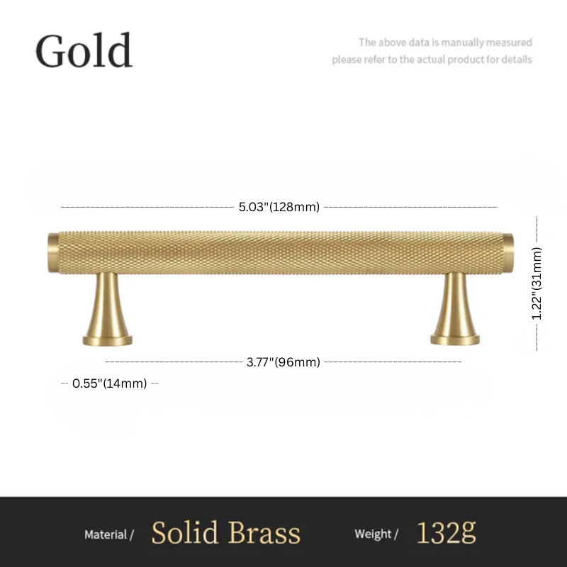 Gold cabinet handle with dimensions and material details on a white background
