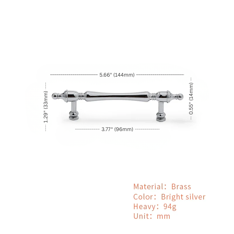 Brass cabinet handle with dimensions and material details on a white background
