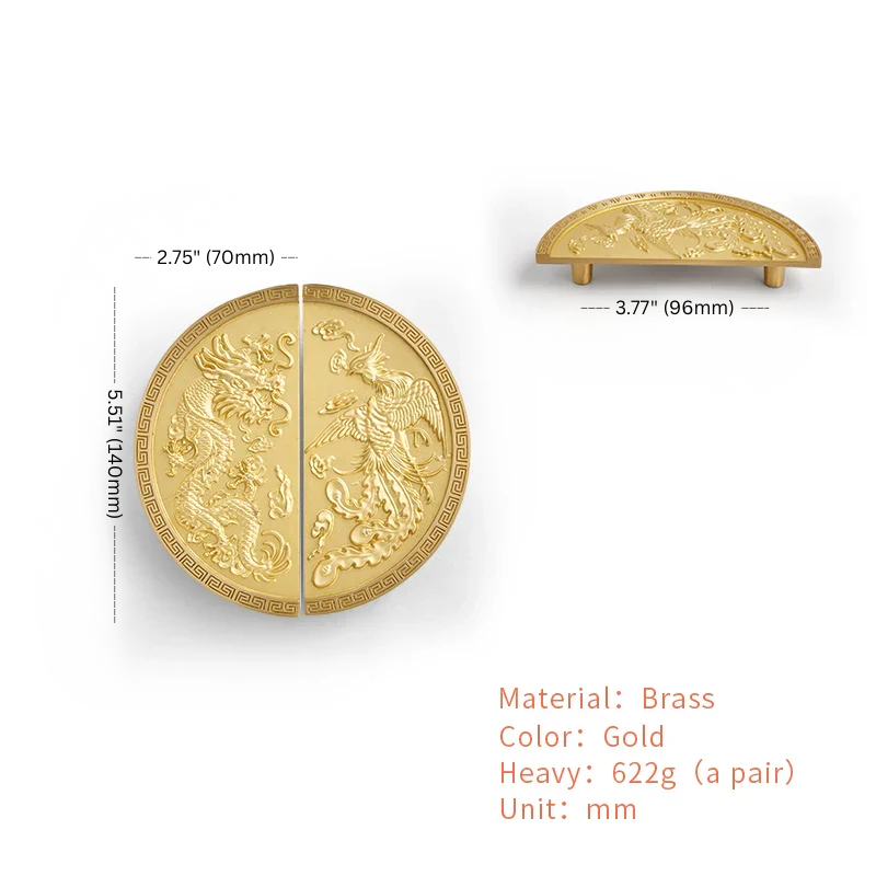 Gold decorative items with dragon design, showing dimensions and material details on a white background.