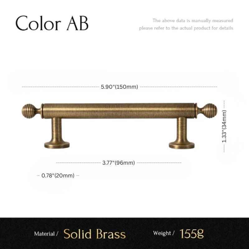 Brass cabinet pull with dimensions and material details on a white background