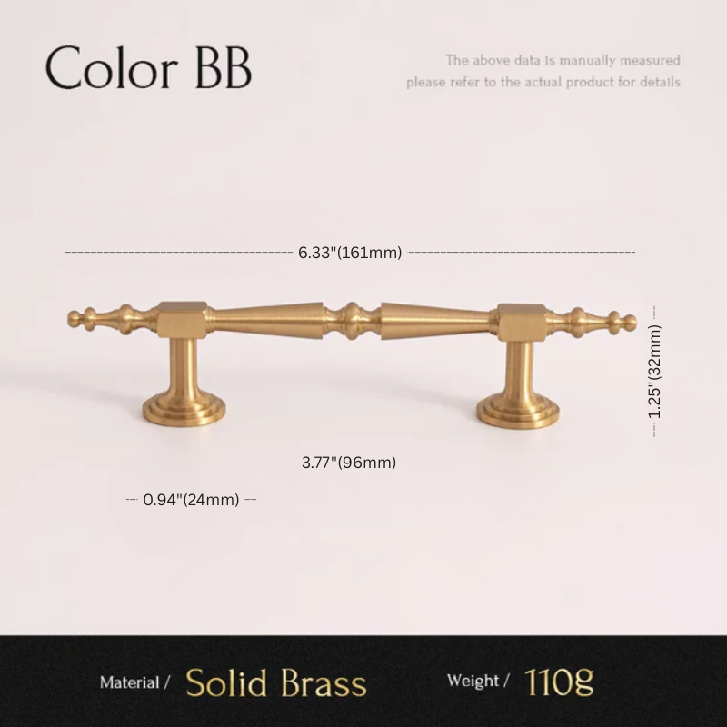 Gold cabinet handle with measurements on a white background