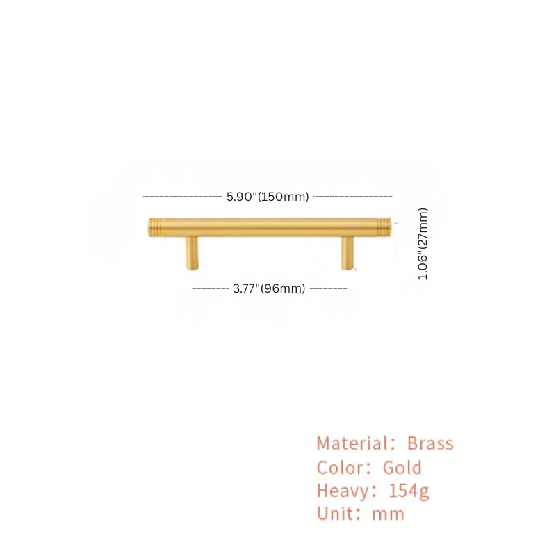 Gold cabinet handle with dimensions and material details on a white background