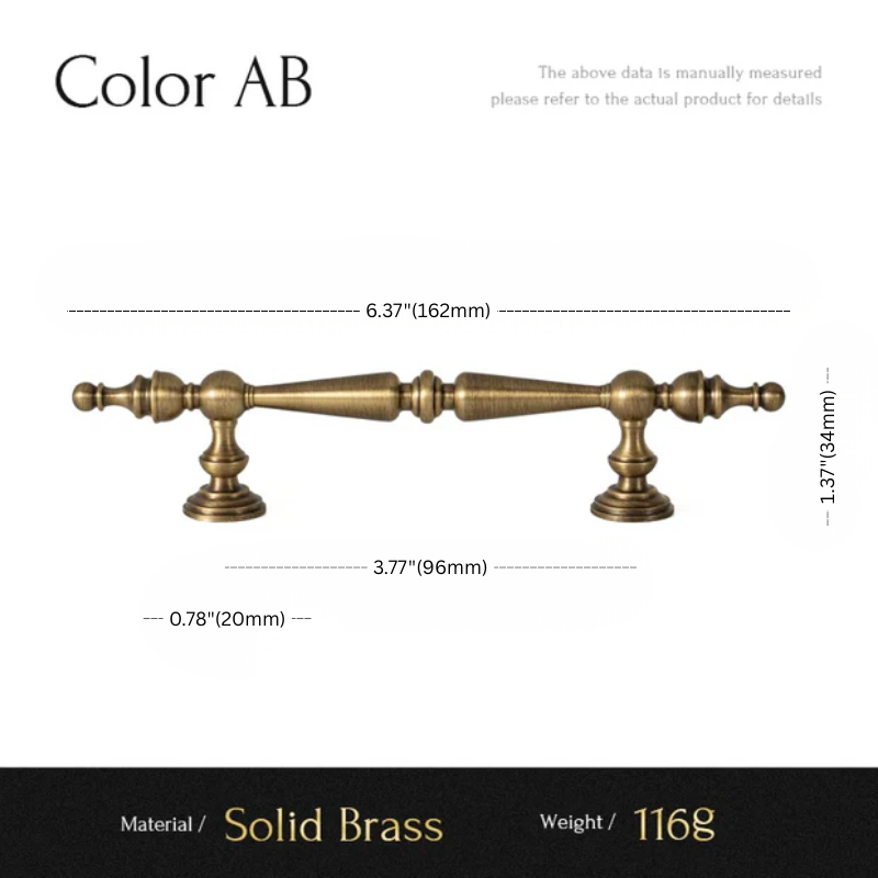 Measurement chart of a solid brass fixture with dimensions and material details.