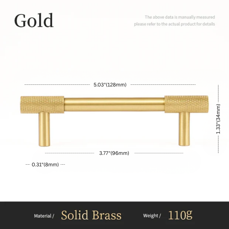 Gold cabinet handle with dimensions and material details on a white background