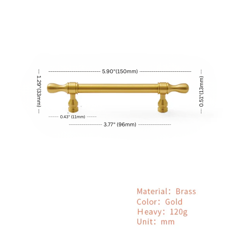 Gold cabinet handle with dimensions and material details on a white background