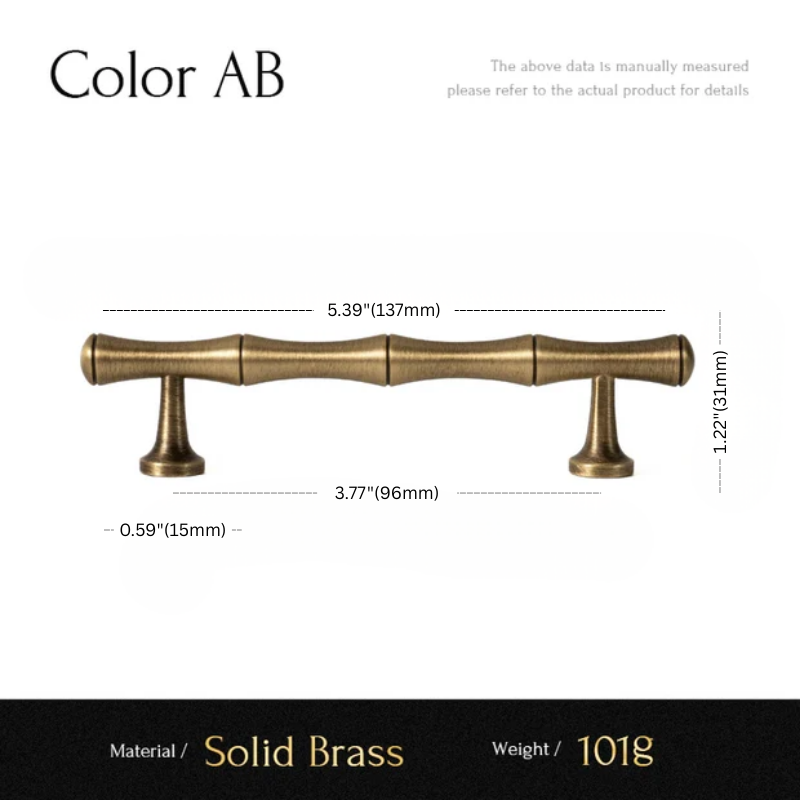 Measurement chart of a solid brass cabinet handle with dimensions and material details.