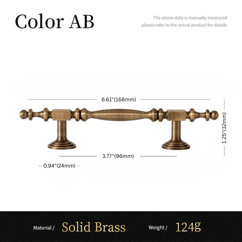 Solid brass cabinet handle with dimensions and material details on a white background
