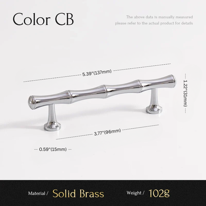 Chrome cabinet handle with dimensions and material details on a white background