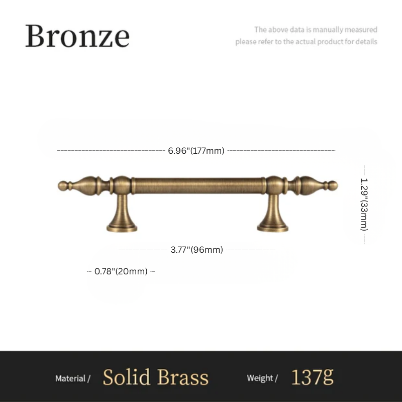 Bronze cabinet handle with dimensions and material details on a white background
