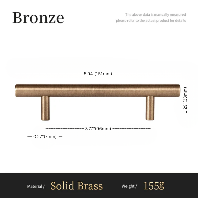 Bronze cabinet handle with dimensions and material details on a white background
