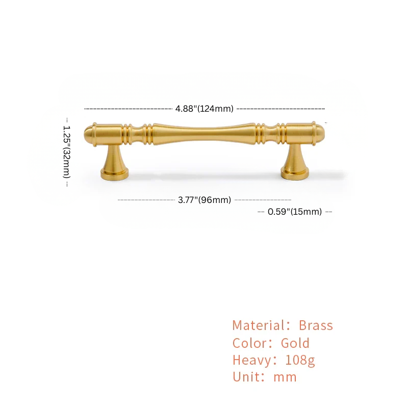 Gold cabinet handle with dimensions and material details on a white background