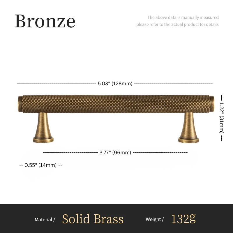 Bronze cabinet handle with dimensions and material details on a white background