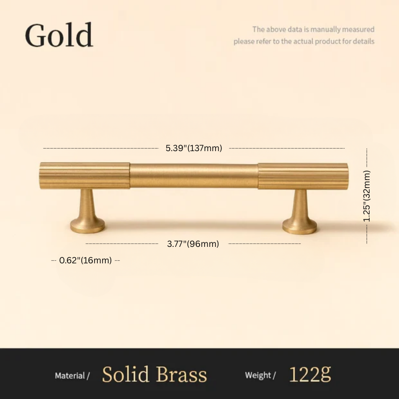 Gold cabinet handle with dimensions and material details on a beige background