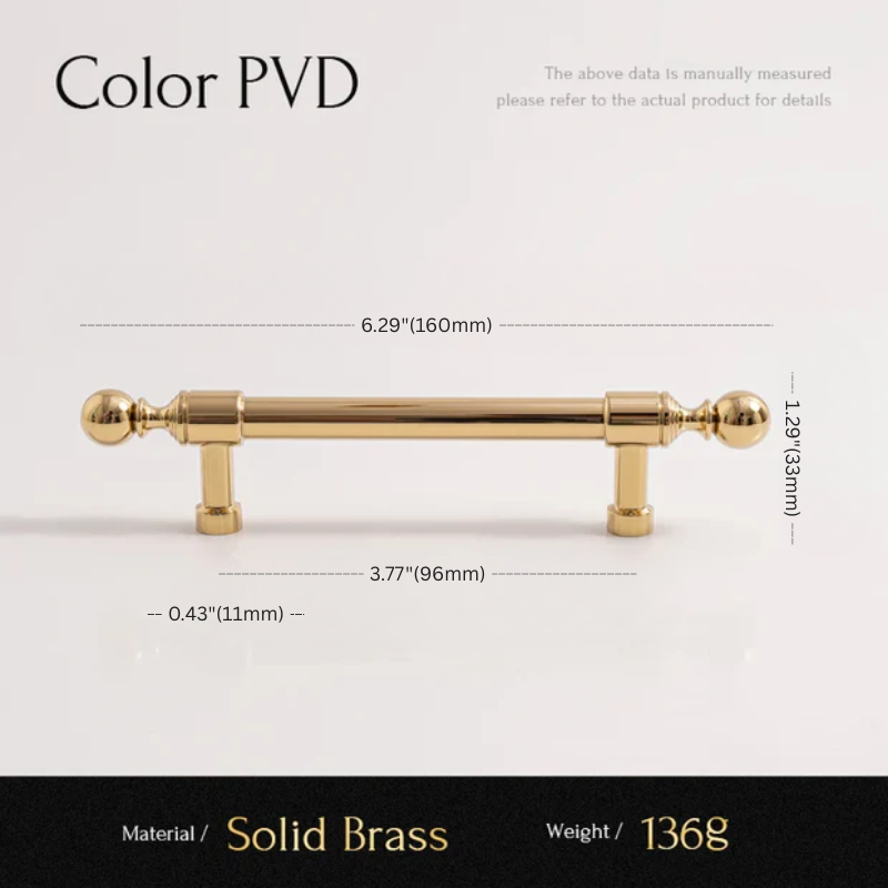 Gold cabinet handle with dimensions and material details on a white background