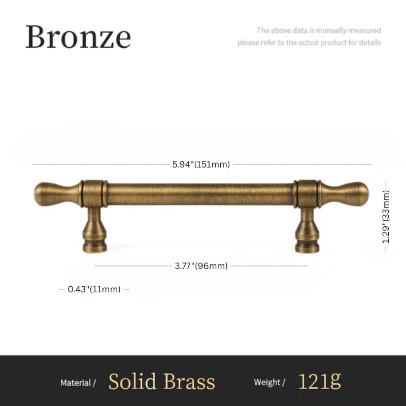Bronze cabinet handle with dimensions and material details on a white background