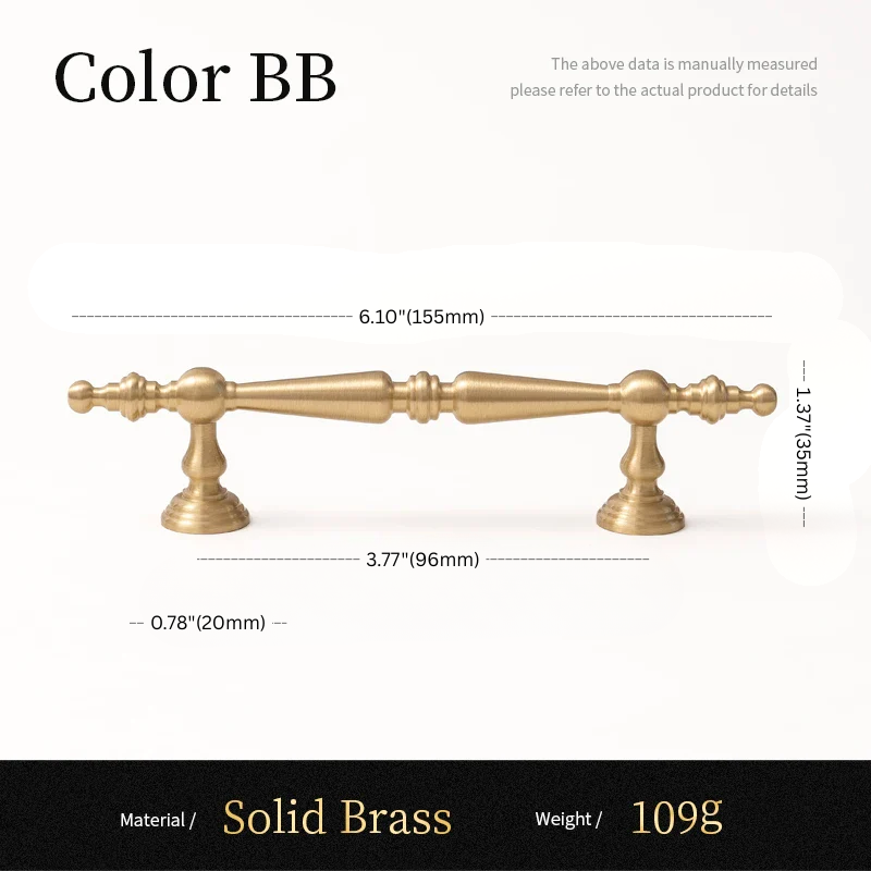 Solid brass handle with dimensions and material details on a white background