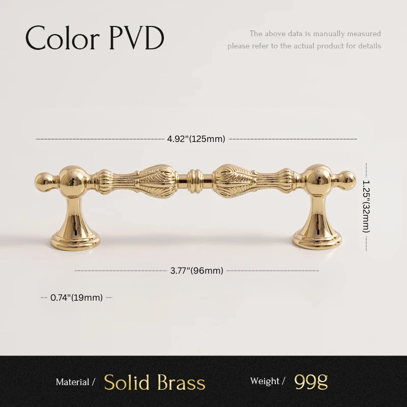 Gold cabinet handle with dimensions and material details on a white background
