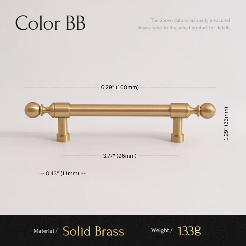 Solid brass cabinet handle with dimensions and material details on a light gray background