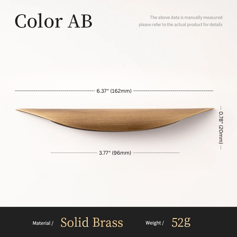 Measurement details of a solid brass drawer handle on a white background