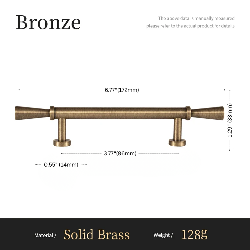 Measurement chart for a solid brass curtain rod with dimensions and material details.
