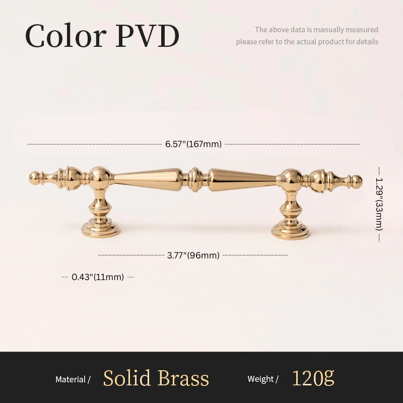 Solid brass handle with dimensions and material details on a white background
