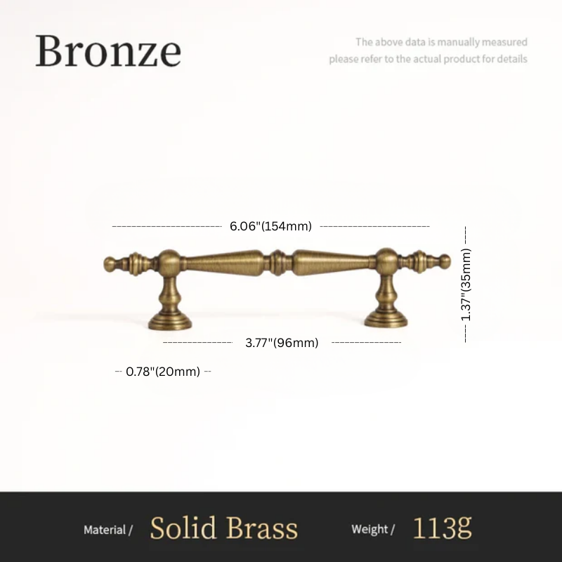Bronze cabinet handle with dimensions and material details on a white background