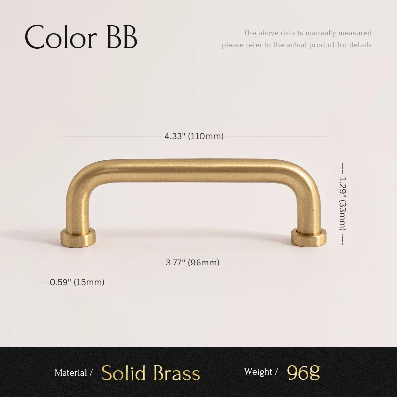 Gold cabinet handle with dimensions and material details on a light background