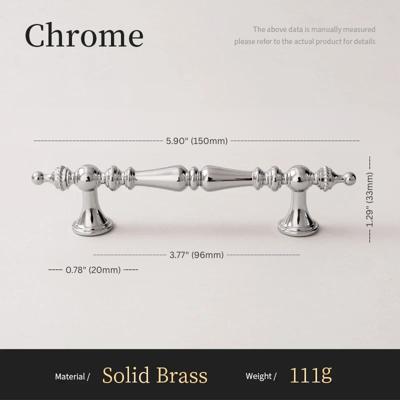 Chrome cabinet handle with dimensions and material details on a white background