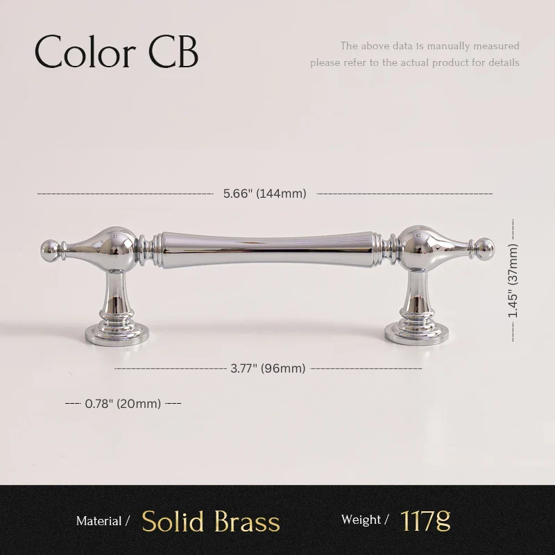 Measurement chart of a solid brass cabinet handle with dimensions and material details.