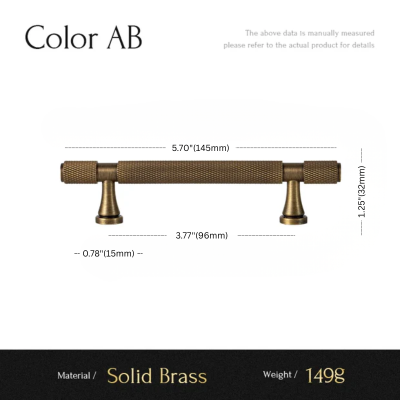 Brass cabinet handle with dimensions and material details on a white background