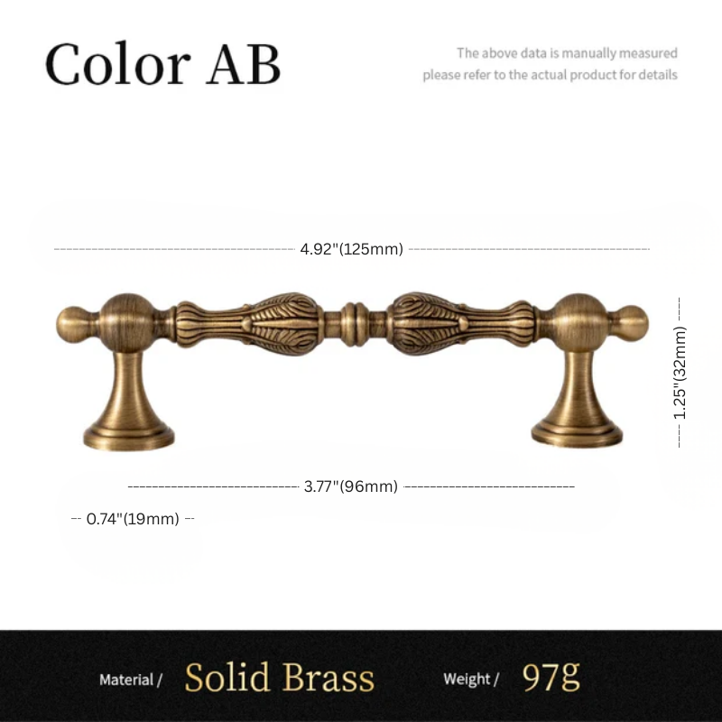 Solid brass cabinet handle with dimensions and material details on a white background