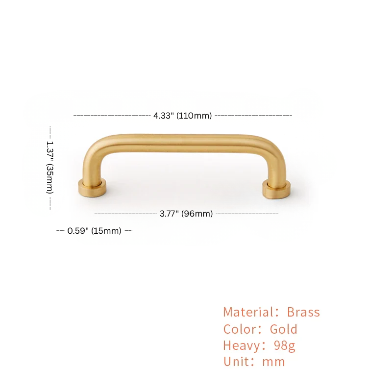 Gold cabinet handle with dimensions and material details on a white background