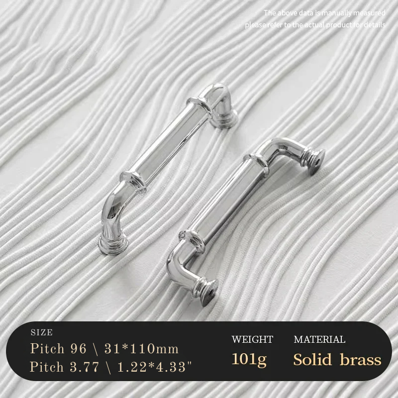 Two chrome cabinet handles on a textured gray background with product details.