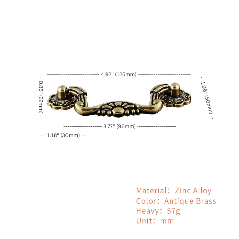 Antique brass cabinet handle with dimensions and material details on a white background