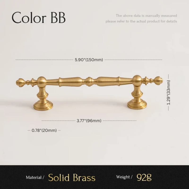 Solid brass cabinet handle with dimensions and material details on a light background