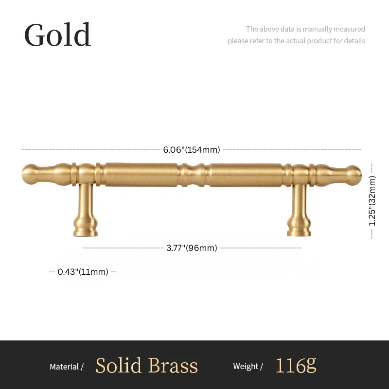 Gold cabinet handle with dimensions and material details on a white background