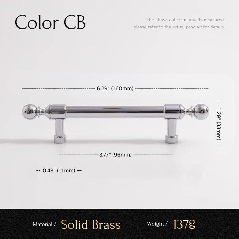 Solid brass cabinet handle with dimensions and material details on a white background