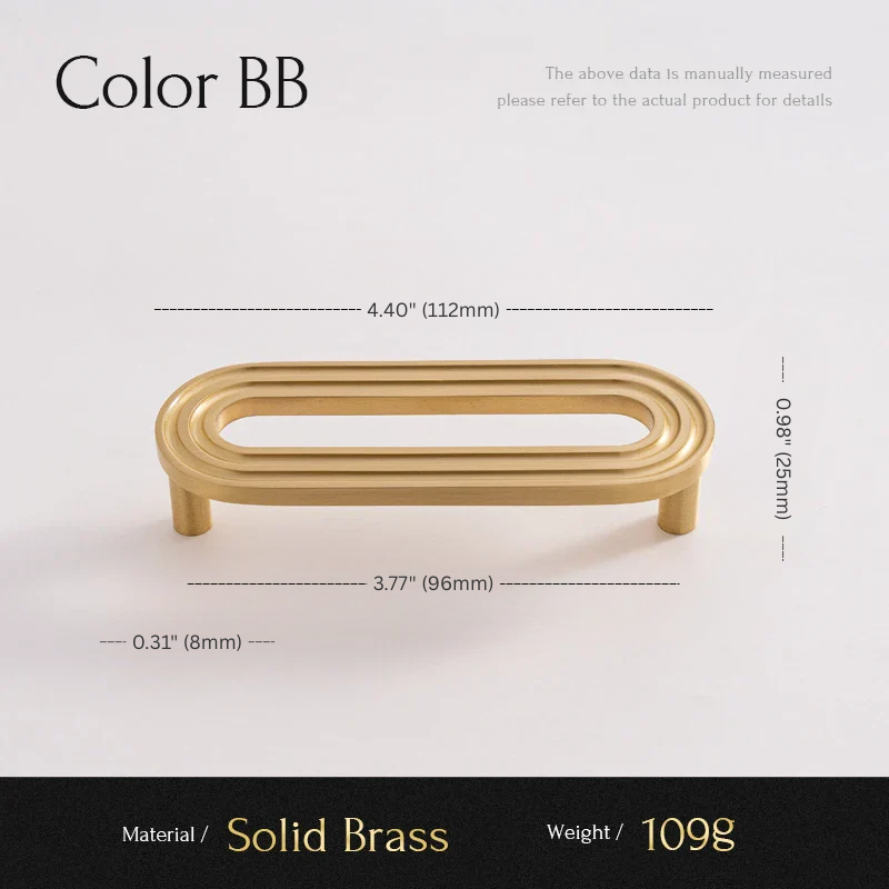 Gold handle with dimensions and material information on a light background