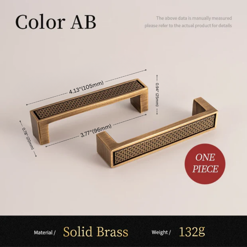 Solid brass cabinet handle with dimensions and material details on a beige background