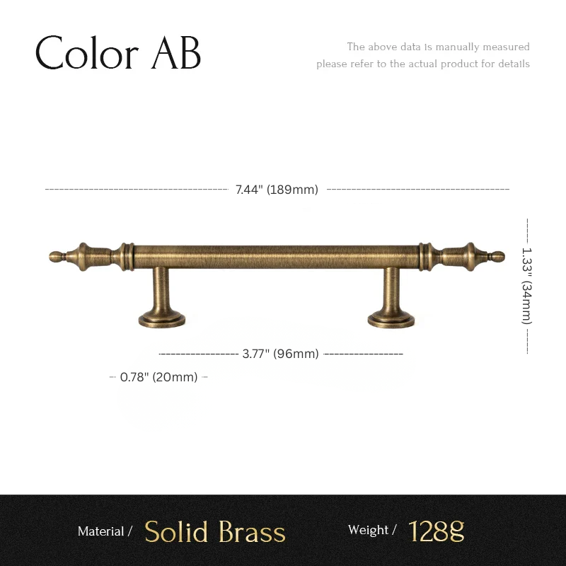 Measurement chart for a solid brass handle with dimensions and material details.