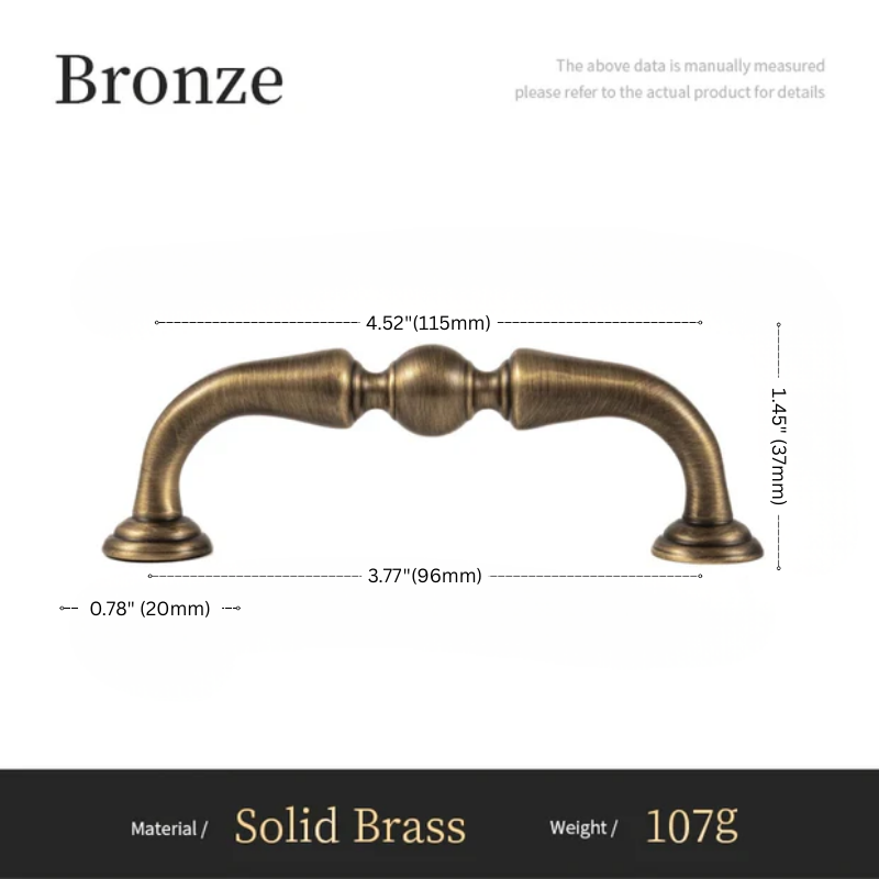 Bronze cabinet handle with dimensions and material details on a white background