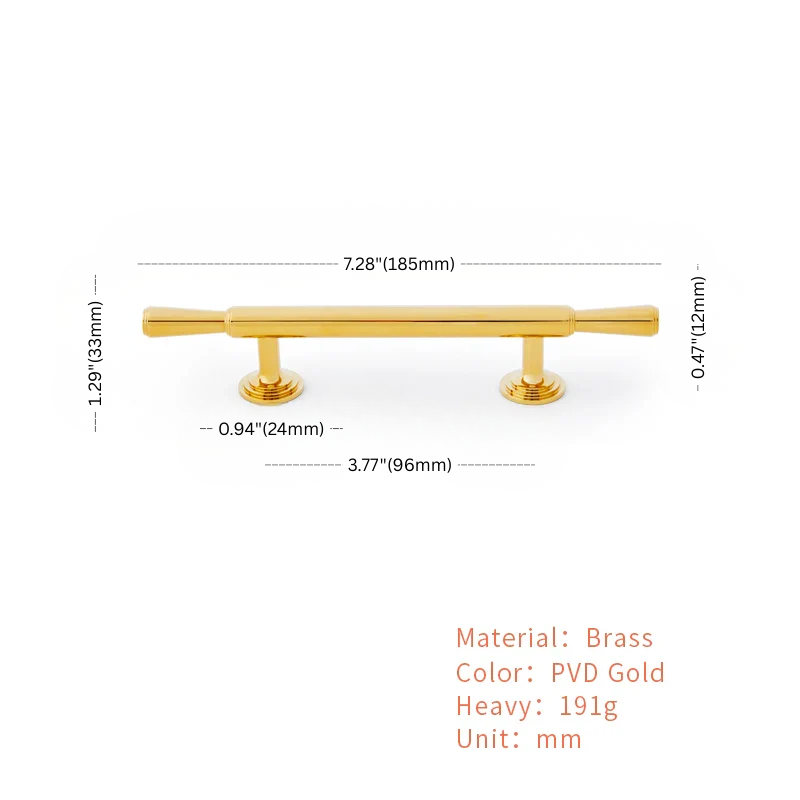 Gold cabinet handle with dimensions and material details on a white background