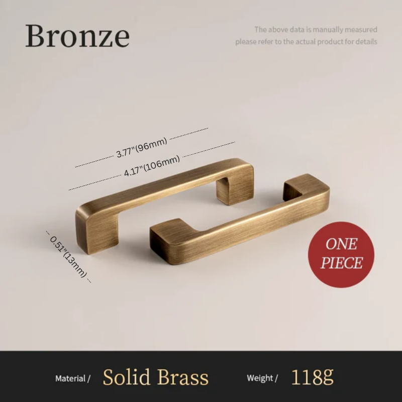 Bronze cabinet handle with dimensions and material details on a beige background