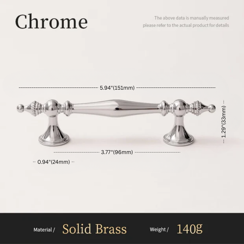 Chrome cabinet handle with dimensions and material details on a white background